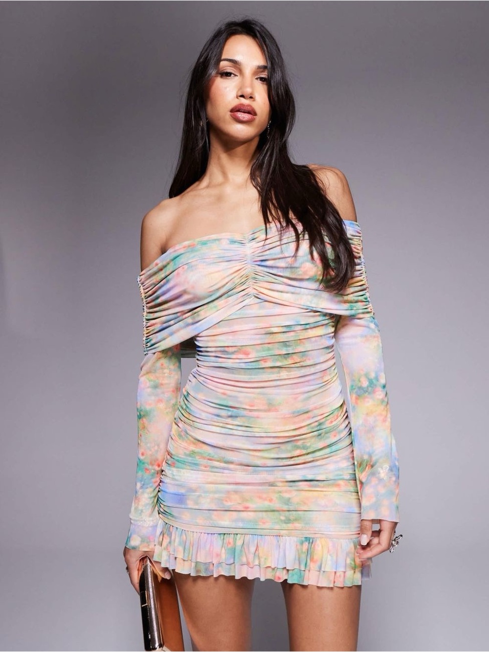 AFRM long sleeve ruched mini dress with ruffle hem in floral